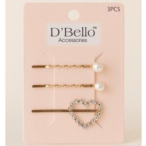 D'Bello Women Hair Accessories Gold Bobby Pin Pearl Heart Rhinestone 3 Piece Set